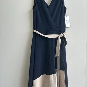 Chic Navy Blue and Cream Colorblock Midi Dress with Belt – New with Tags